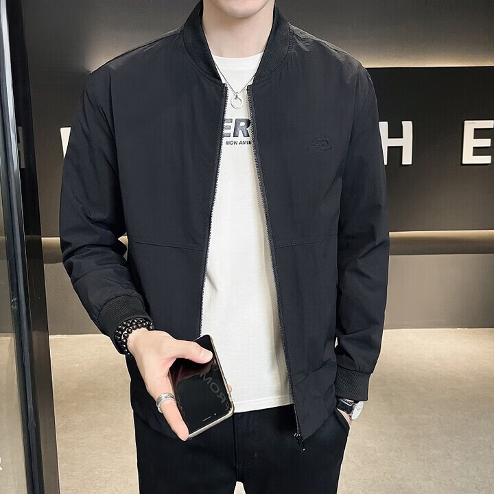 国际米澜2026新款棒球领外套男士春秋季韩版修身休闲夹克纯色薄款透气上衣 ZT304 黑色 薄款 XL 建议115-130斤