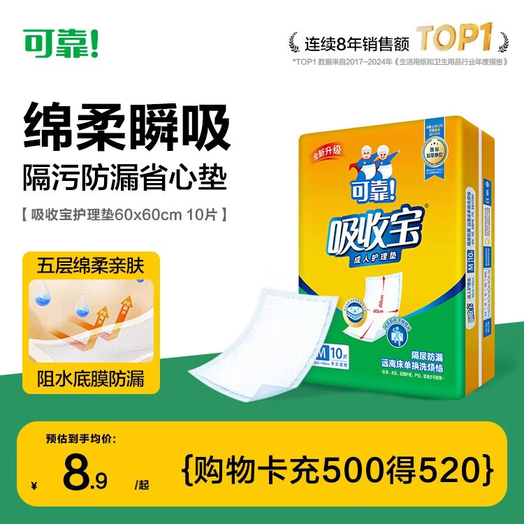 可靠（COCO）吸收宝成人护理垫M10片(60*60cm)舒适防漏老年人隔尿垫产褥垫床垫