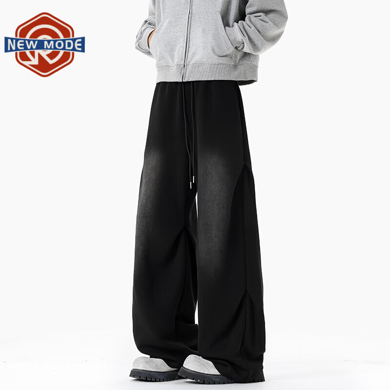 NEW OR MODE美式重磅水洗褶皱休闲裤子男春季潮牌复古运动长裤高街痞帅直筒裤 黑色【高品质】 M 【建议90-110斤】