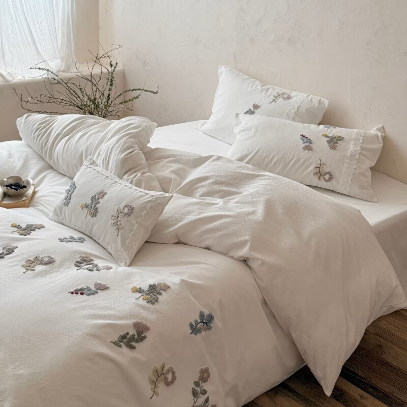 ROLAND LIVE春夏全棉水洗棉四件套简约风透气家用被套床单床上用品三件套 LB 全棉水洗棉套件-春不晚 1.2米床 床单款 【被套150*200cm】