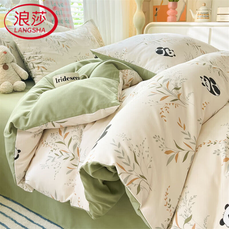浪莎（LangSha）水洗棉床上四件套亲肤双层纱床单被罩套床笠款学生宿舍三件套床品 熊猫家园 床单款 单被套-150*200cm
