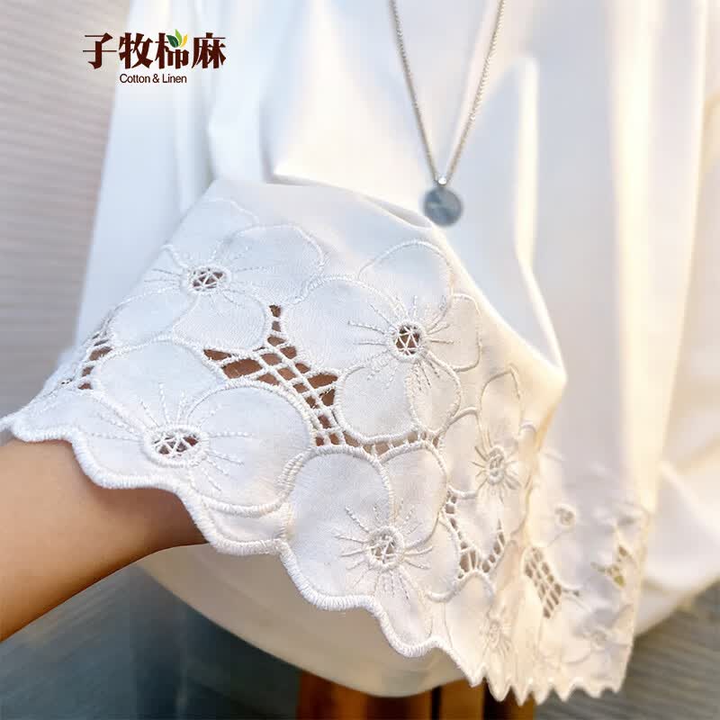 子牧棉麻2026夏装 女时尚设计感拼接钩花镂空小众圆领T恤短袖上衣2228 白色 2XL (建议135-150斤)