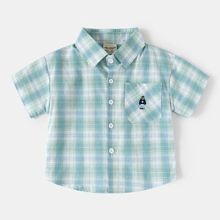 男童短袖衬衫2026夏装儿童半袖衬衣宝宝格子卡通刺绣上 黄格 90 cm