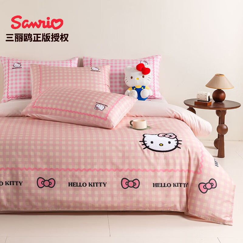 名创优品（MINISO）HelloKitty全棉四件套卡通 纯棉床单被套单双人床上用品三件套 HelloKitty-格格甜心派-橘 1.5/1.8 床单款 四件套（被套200*230）