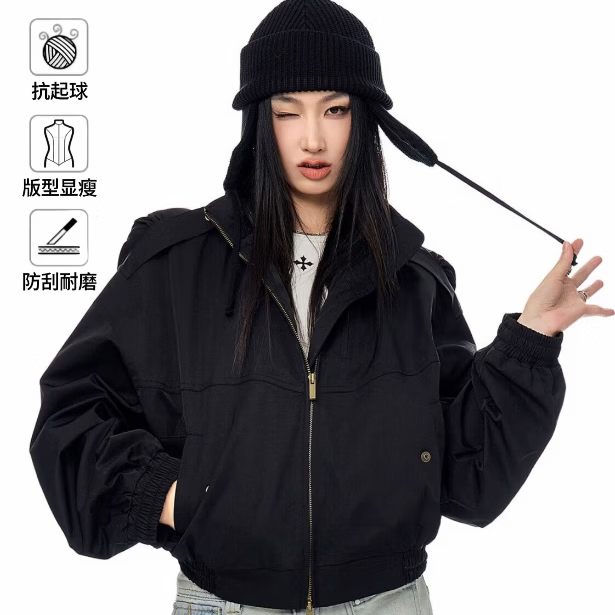 ICH MODE美式立领女士外套短款女春季新款流行休闲工装夹克上衣服 黑色 L