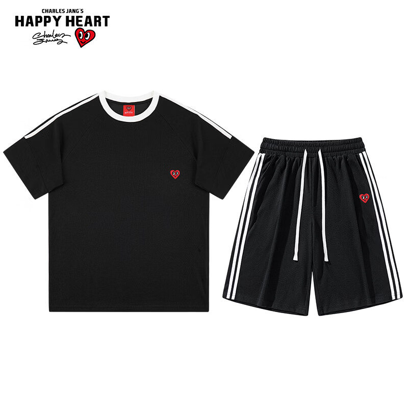 查尔斯桃心 经典条纹运动套装男夏季宽松休闲跑步短袖短裤套装 黑色 S