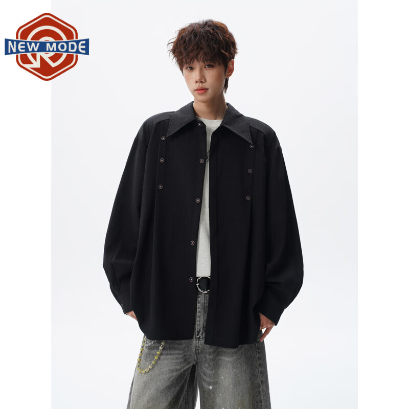 NEW OR MODE老钱风纽扣拼接长袖衬衫男夏季美式重磅休闲开衫外套纯色宽松衬衣 黑色【高品质】 M 【建议90-110斤】