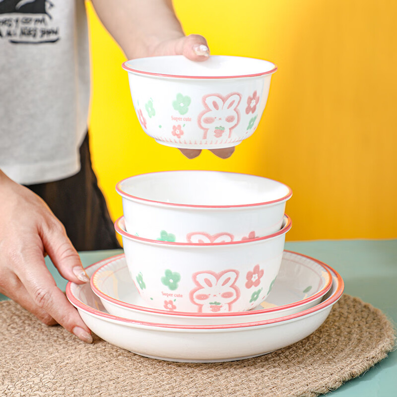 溥畔24人碗碟套装家用陶瓷餐具创意个性粉萌兔碗盘情侣套装碗筷组合 烟雨谣2碗[4.5英寸米饭碗]