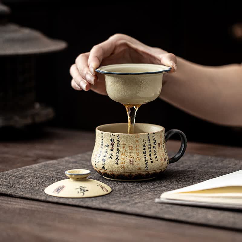 青花火石红福禄茶咖杯居家办公手绘诗文喝水杯个人专用茶水分离杯 福禄茶咖杯(简装) 101-200ml