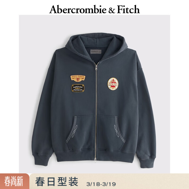 Abercrombie &amp; Fitch美式复古抓绒经典百搭连帽拉链开衫卫衣外套25秋冬男装122-5729 蓝色 S (175/92A)