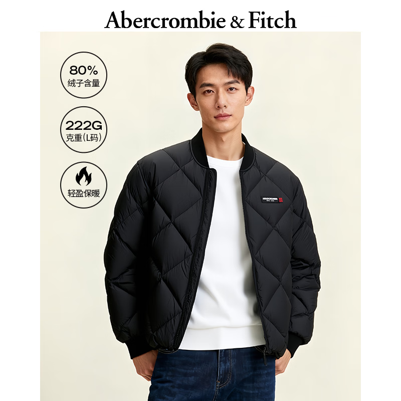 Abercrombie &amp; Fitch美式复古时尚菱格LOGO加厚羽绒服外套25秋冬男装132-5191 黑色 S (175/92A)
