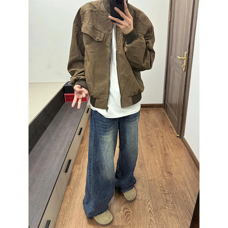 DEREJERINEcleanfit短款工装外套男款春秋美式复古棒球服潮牌做旧哈灵顿夹克 棕色 M 90-120斤
