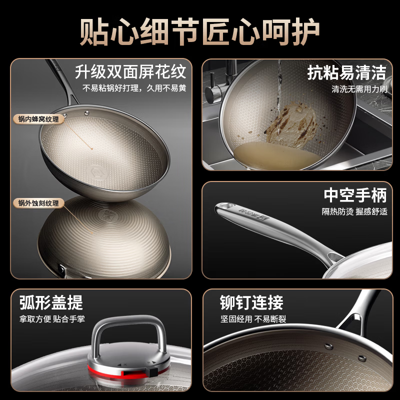 康巴赫 炒锅不粘锅有钛0氟蜂窝锅煎锅抗菌不锈钢炒菜锅电磁炉燃气灶通用 七代0氟有钛蜂窝锅 28cm