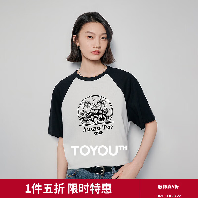 初语插肩袖宽松显瘦T恤女2025夏季新款风景印花纯棉减龄多色上衣 黑-白-风景 L