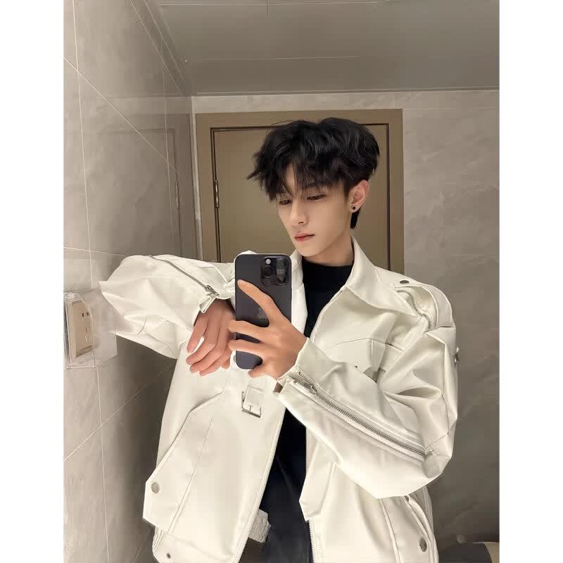 DEREJERINEcleanfit短款白色皮衣外套男潮感小众机车服美式高街工装夹克 白色 M