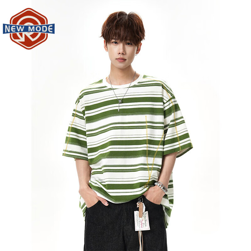 NEW OR MODE美式哈苏线条纹短袖t恤男夏季新款潮牌高街宽松痞帅青少年半袖T恤 绿色【高品质】 M 【建议90-110斤】