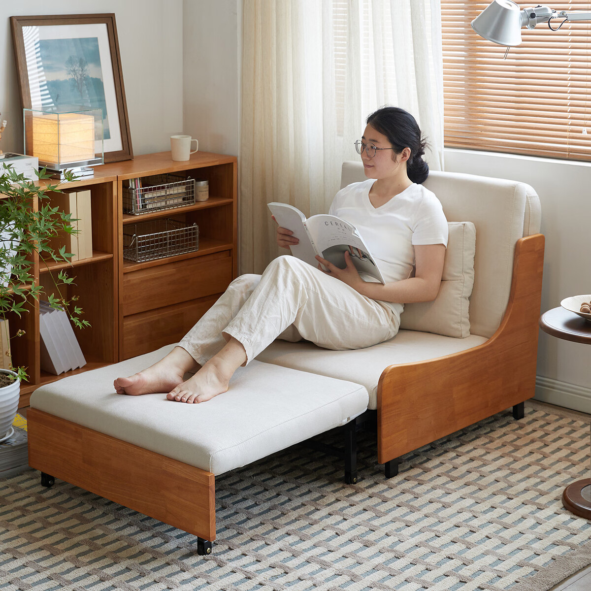 中掌柜沙发床可折叠两用抽拉伸缩沙发床实木单人小户型拉床沙发布艺客厅 橡胶木樱桃木色:95宽/米白色/床垫[椰棕+海绵]