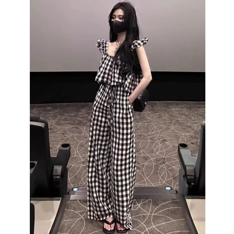 MODX黑白格子荷叶袖连身裤女夏季时尚网红连身裤子法式连衣阔腿裤套装 图片色休闲裤女2024新款/短裤女2024新款/裤子女直筒垂 S