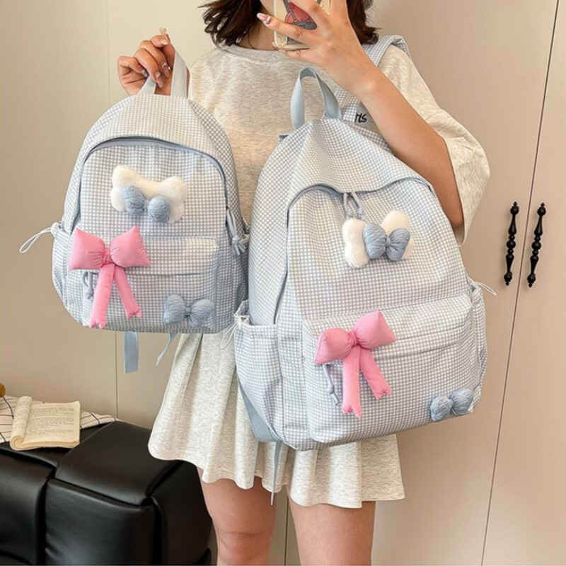 梵昇昱双肩包小清新格纹小学生书包初高中生可爱少女超轻减负出行背包 蓝色格纹双肩包【带蝴蝶结】小号