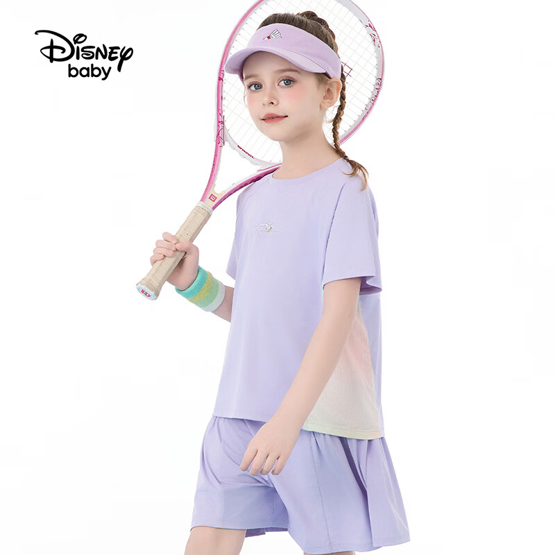 迪士尼(Disney)童装男女童运动套装夏季新款男女童短袖短裤两件套 渐变网球服 糖果紫 150 高145-155cm重70-85斤