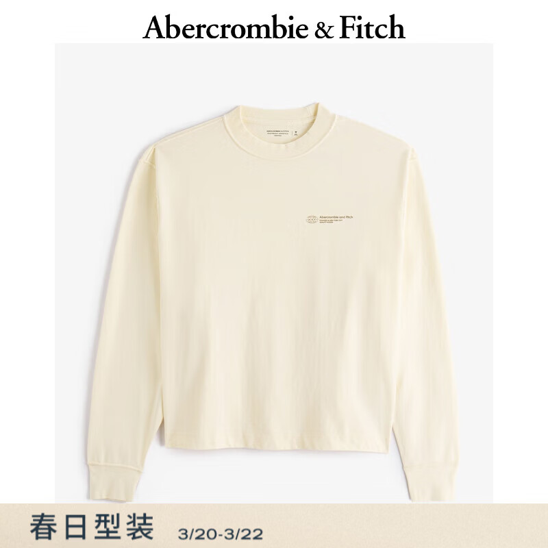 Abercrombie &amp; Fitch美式复古舒适百搭做旧LOGO长袖T恤春夏男装123-4080 奶油色 M (180/100A)