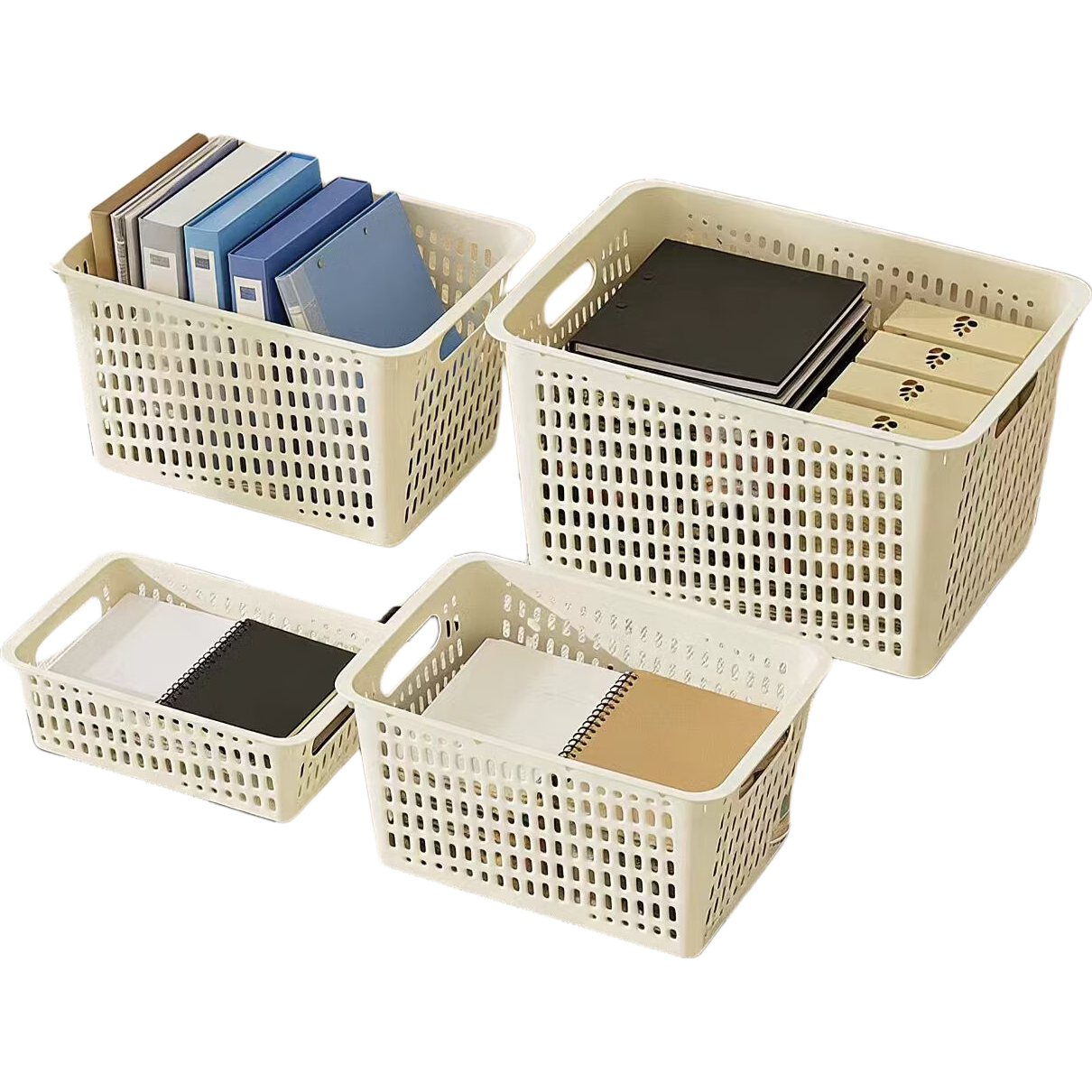 办公文件筐资料框档案筐文件夹收纳盒置物框学生放书筐简易桌面收纳筐 【奶油色】 中号2个