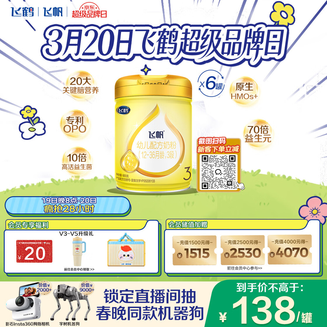 飞鹤飞帆DHA10倍益生菌专利OPO幼儿配方奶粉3段(12-36月龄)900g*6罐