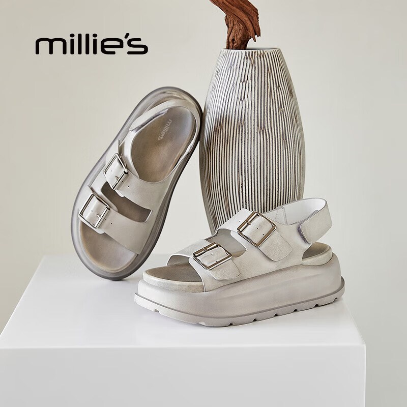 妙丽（Millies）勃肯运动凉鞋女休闲百搭沙滩鞋厚底增高学生2025年夏季新款凉拖 米色 37 (235mm) 标准码
