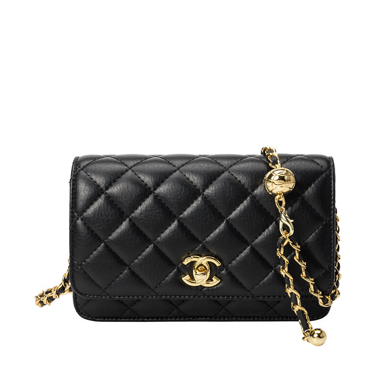 香奈小香儿包包女士新款真皮小金球单肩小方包小香儿时尚链条斜挎包 黑色