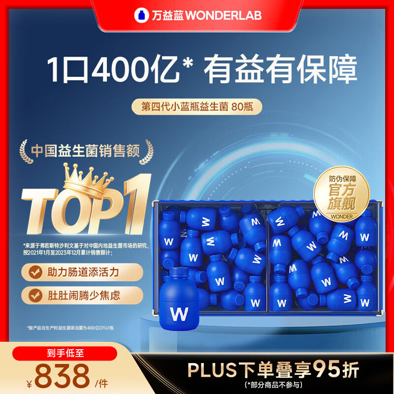 万益蓝（WONDERLAB）小蓝瓶400亿益生菌4.0版本孕期冻秘干粉便双歧杆菌理成人胃肠调道 【家庭装 I 健康全家享】 80瓶*1盒