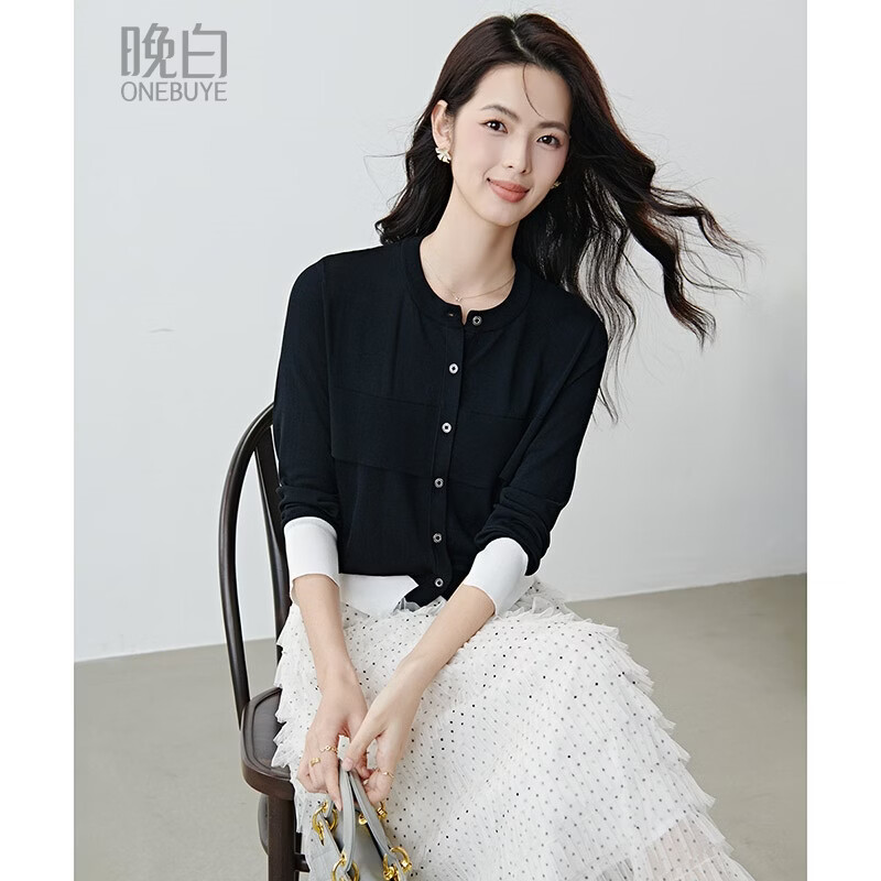 晚白【新品】2026年春款撞色拼接小外套双曲纱舒适圆领针织开衫女 黑色 S