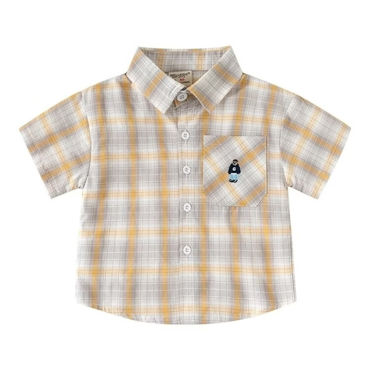 男童短袖衬衫2026夏装儿童半袖衬衣宝宝格子卡通刺绣上 黄格 90 cm