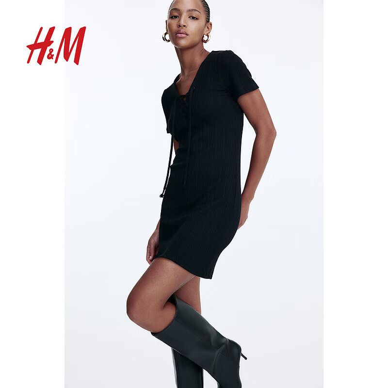 H&amp;M女装连衣裙春季一步裙绑带修身V领短袖短款裙1261089 黑色 S 160/88