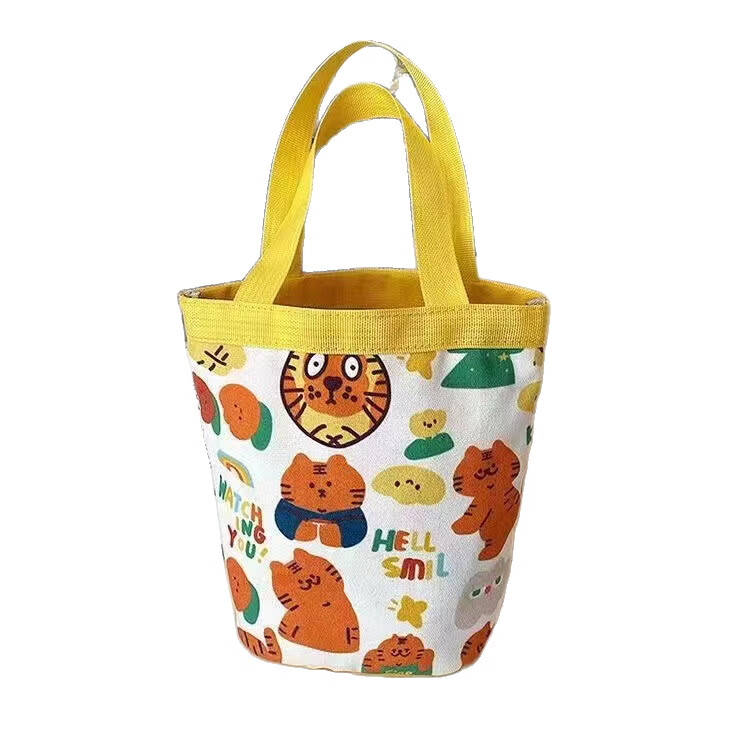 2024新款上班族女外出迷你手提圆筒拎袋子便当饭盒零食帆布水桶包 红色兔子