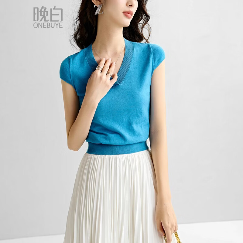晚白2026年春夏款孔雀蓝巨显白V领上衣亲肤莱赛尔天丝高弹针织衫女 蓝色 S