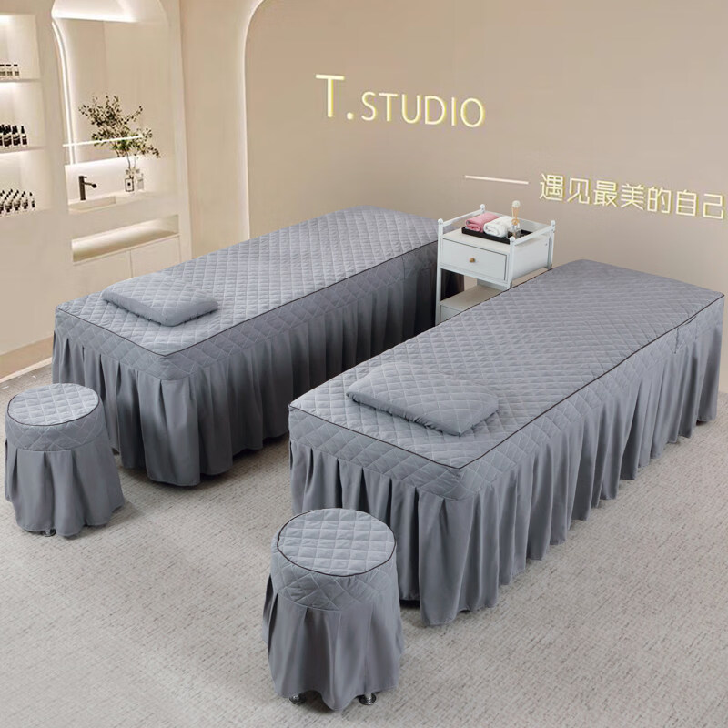 正圣美容床罩单件美容院专用夹棉按摩纹绣中医推拿采耳理疗床套带洞口 小花香--高级灰 方头【床罩+枕套】 180cm*60cm