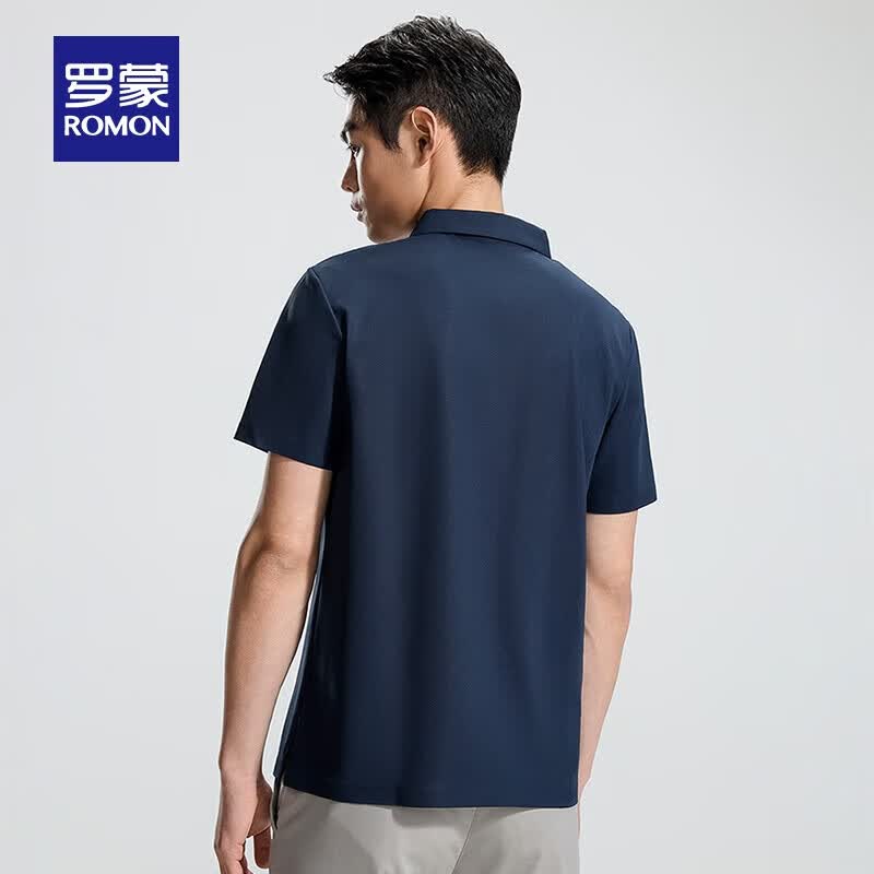罗蒙（ROMON）华夫格高弹短袖t恤男冰丝弹力T恤中青年男士纯色翻领polo 深蓝 XL (180) (建议135-155斤)