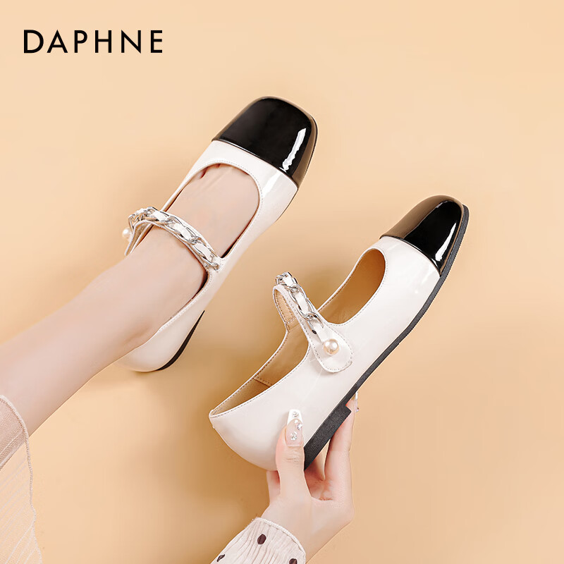 达芙妮玛丽珍女鞋2026新款春秋法式小皮鞋高跟鞋小香风粗跟单鞋女LP 米黑拼色 40