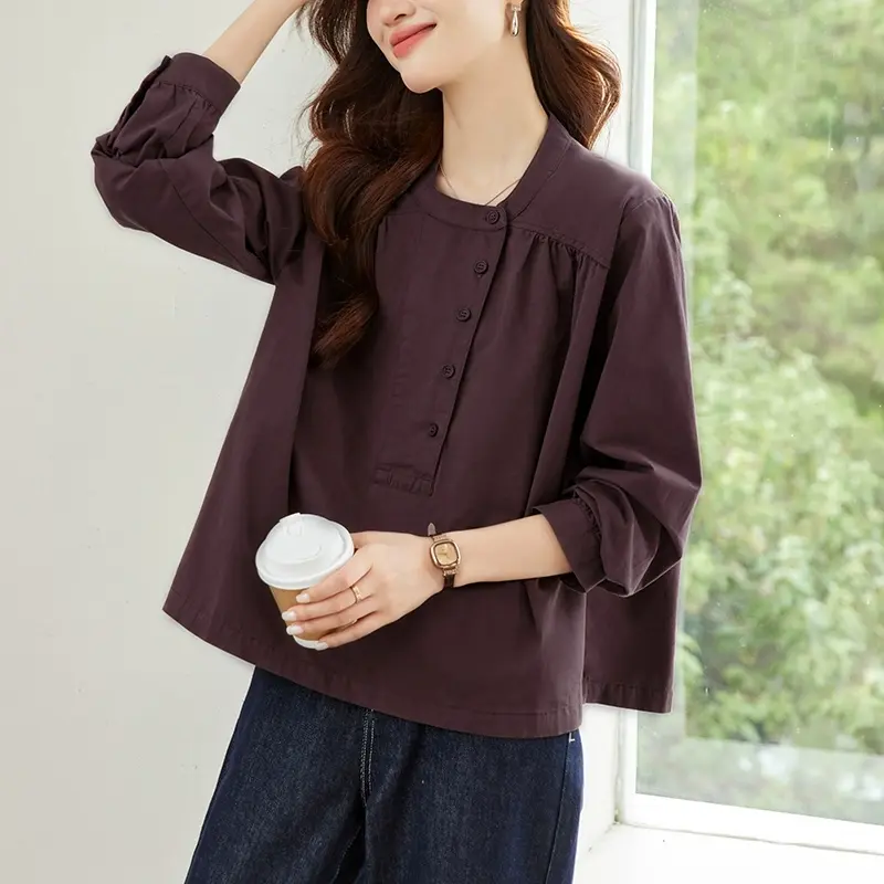 2026春秋新款棉圆领长袖衬衫女设计感韩版宽松休闲衬衣别致上衣 48180葡萄籽色 2XL (【135-155斤】)