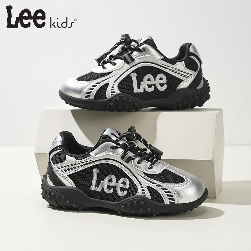 Lee童鞋春季新款儿童跑步鞋女童防滑运动鞋德训鞋男大童 黑银 28 【建议脚长176mm】
