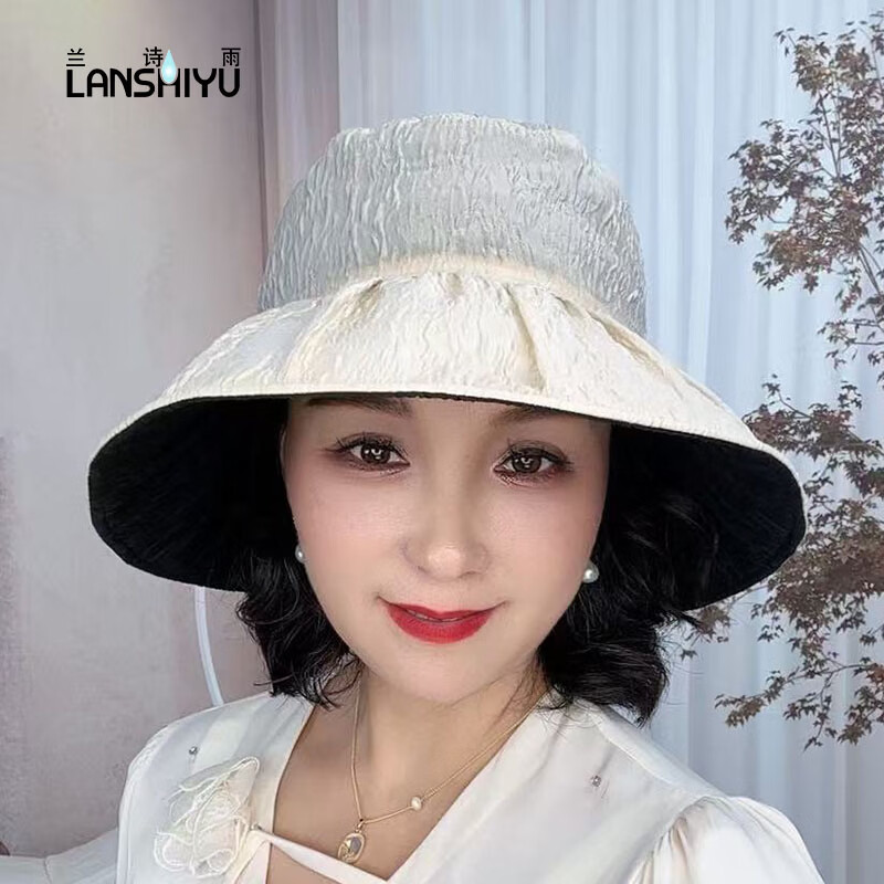 兰诗雨遮阳帽女双面戴渔夫帽夏季防晒帽遮脸太阳帽时尚百搭帽子 黑色+米白色 大头围（58-62CM）