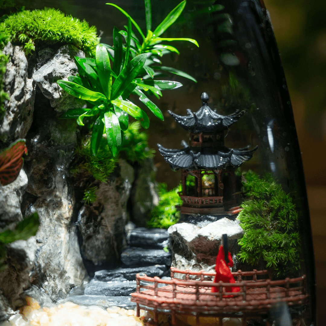 封茗生态瓶苔藓微景观青苔造景缸植物办公室绿植桌面微景瀑布养鱼盆栽 红衣女微景瀑布A款+植物灯（可养鱼）