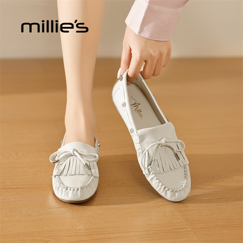 妙丽（Millies）乐福鞋女平底复古时尚2026春季新款百搭舒适通勤小皮鞋 米白色 35 (225mm)