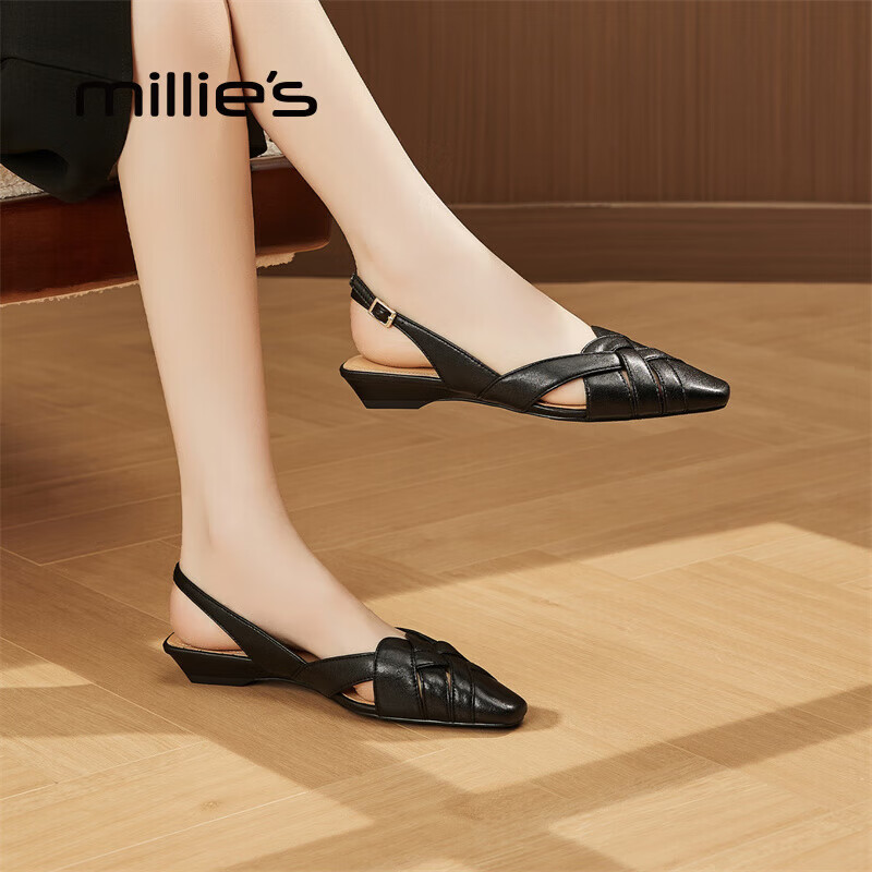 妙丽（Millies）凉鞋女包头低跟编织复古后绑带休闲百搭2025夏季新款 黑色 38 (240mm) 标准码