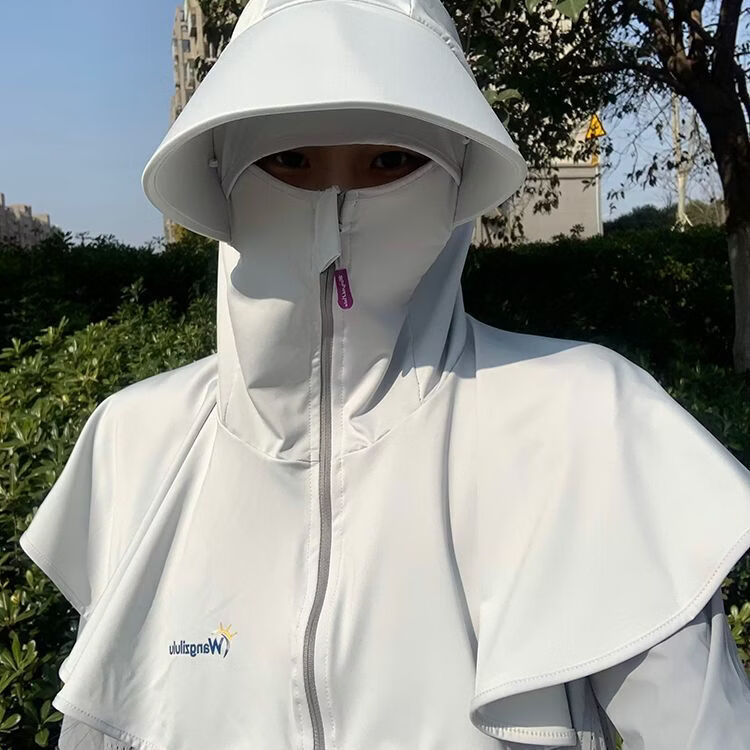 防晒面具全脸套头面罩全包围遮脸女人面罩颈一体户外电动车遮阳 浅灰色【帽披肩一体】