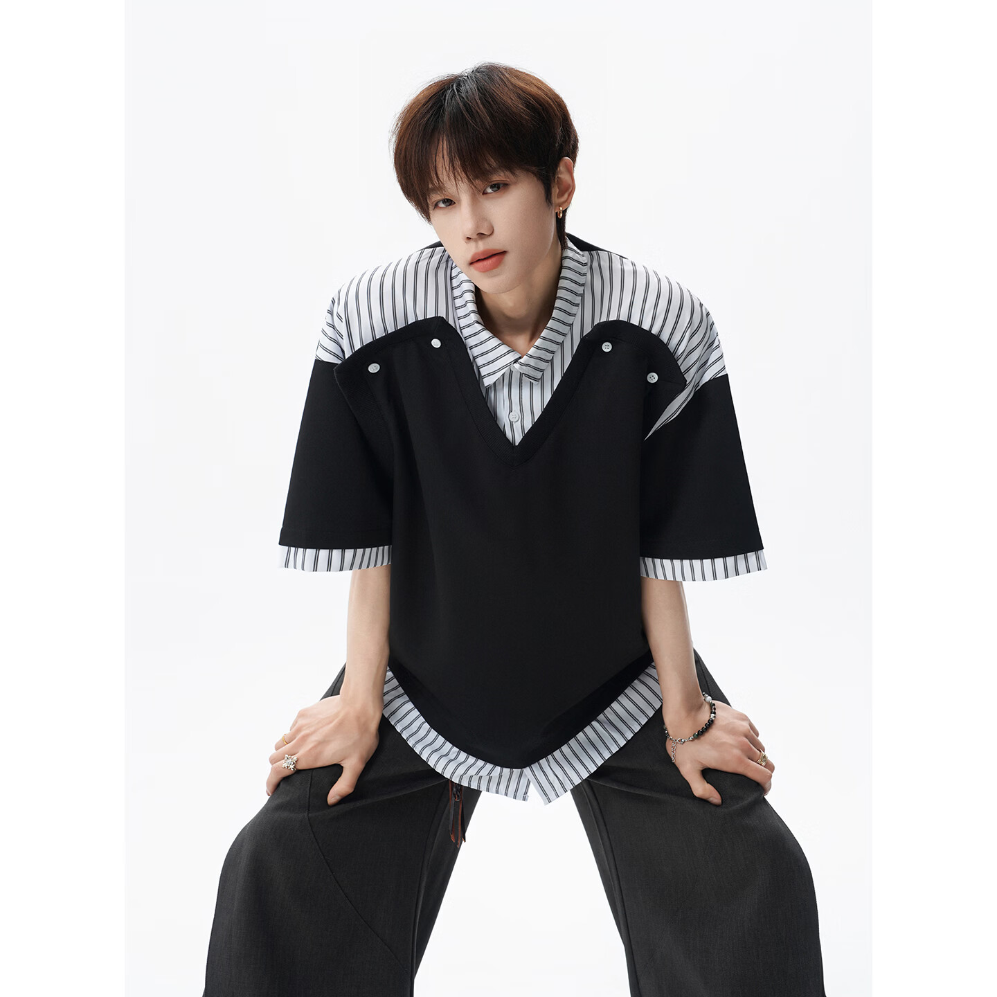 NEW OR MODE学院风短袖polo衫男士夏季新款条纹拼接撞色t恤百搭休闲半袖衬衫 黑色【高品质】 M 【建议90-110斤】