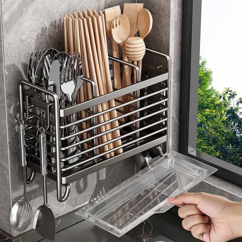 厨房多功能置物架壁挂式筷子收纳盒筷筒筷篓家用勺子筷笼筷搂沥水 奶白色（ 筷子筒/三格）