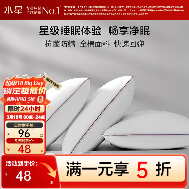 水星家纺出品百丽丝家纺枕头全棉面料抗菌防螨快速回弹柔软亲肤枕芯一对装 全棉抗菌防螨对枕芯(适中型) 48cm ×74cm