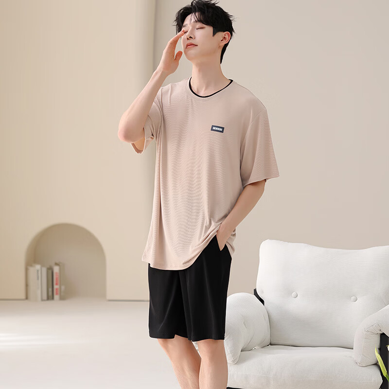 都市丽人睡衣男士冰丝凉感夏季薄款休闲大码圆领短袖短裤家居服套装可外穿 男士短袖短裤套装-浅灰色 L （建议105-135斤） （建议135-155斤） 