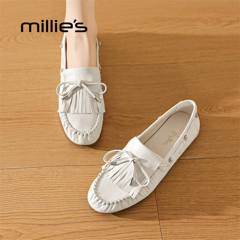 妙丽（Millies）乐福鞋女平底复古时尚2026春季新款百搭舒适通勤小皮鞋 米白色 35 (225mm)